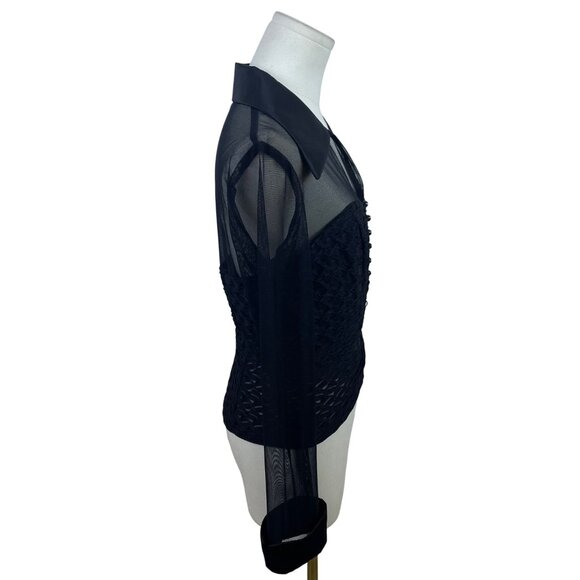 Connected Apparel Womens Black Mesh Long Sleeve Button Down Blouse Size 8 - Picture 2 of 6